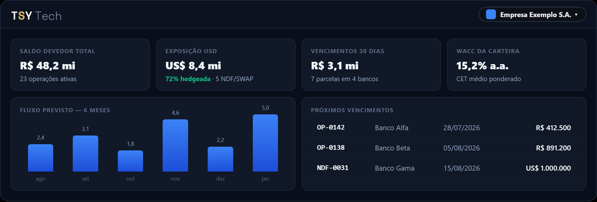 Dashboard do TSY com cartões de saldo devedor total, exposição em USD e vencimentos em 30 dias, além do gráfico de barras do fluxo previsto.